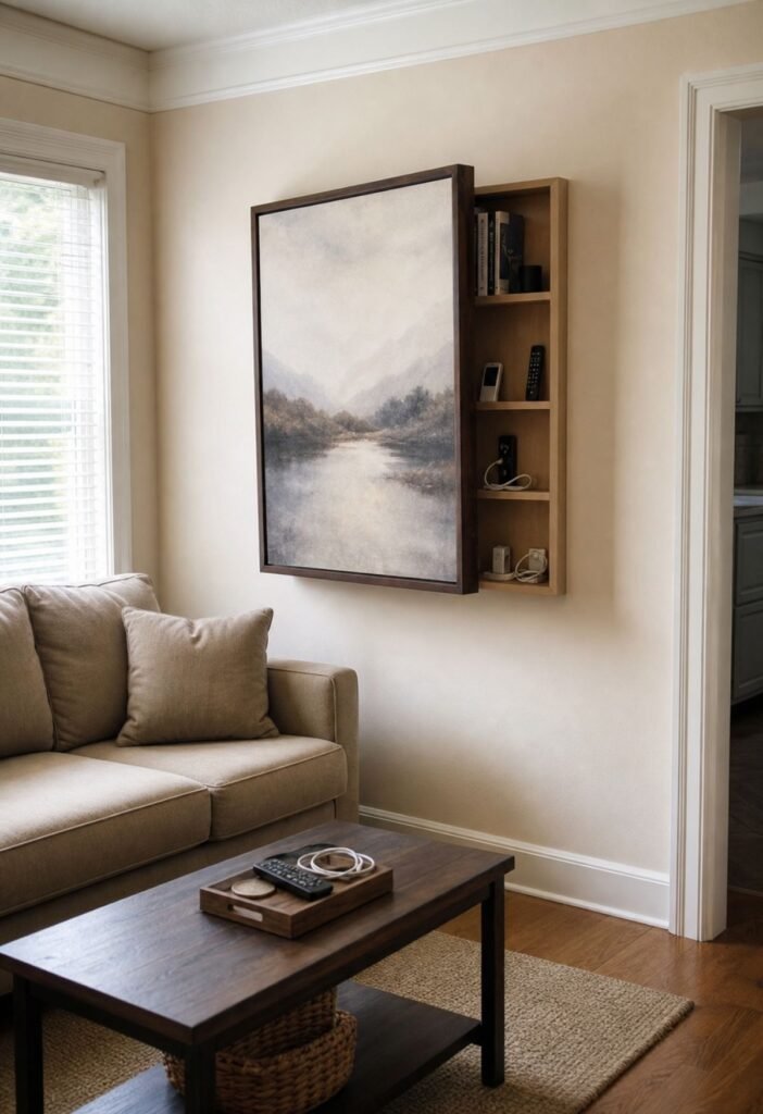 Hidden shelf behind wall art in a small living room