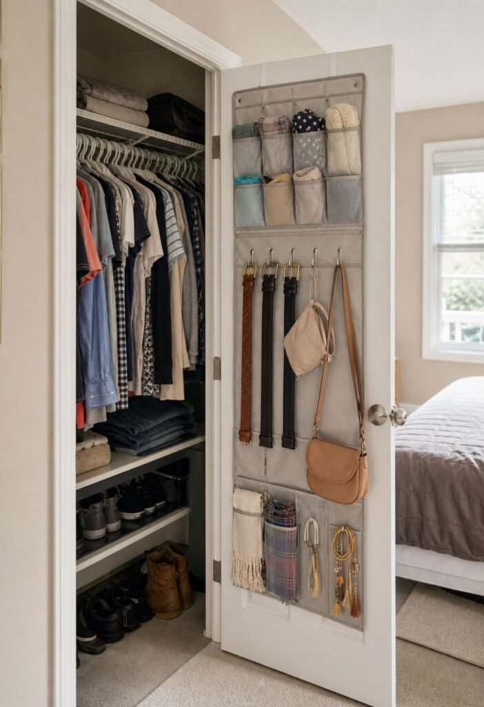 Inside closet door used for organized bedroom accessory storage