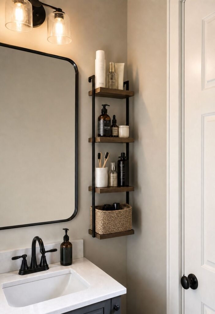 Narrow bathroom shelf beside a mirror holding everyday toiletries