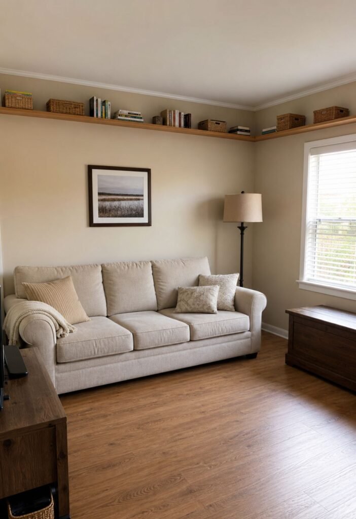 High shelf storage near ceiling in a small living room