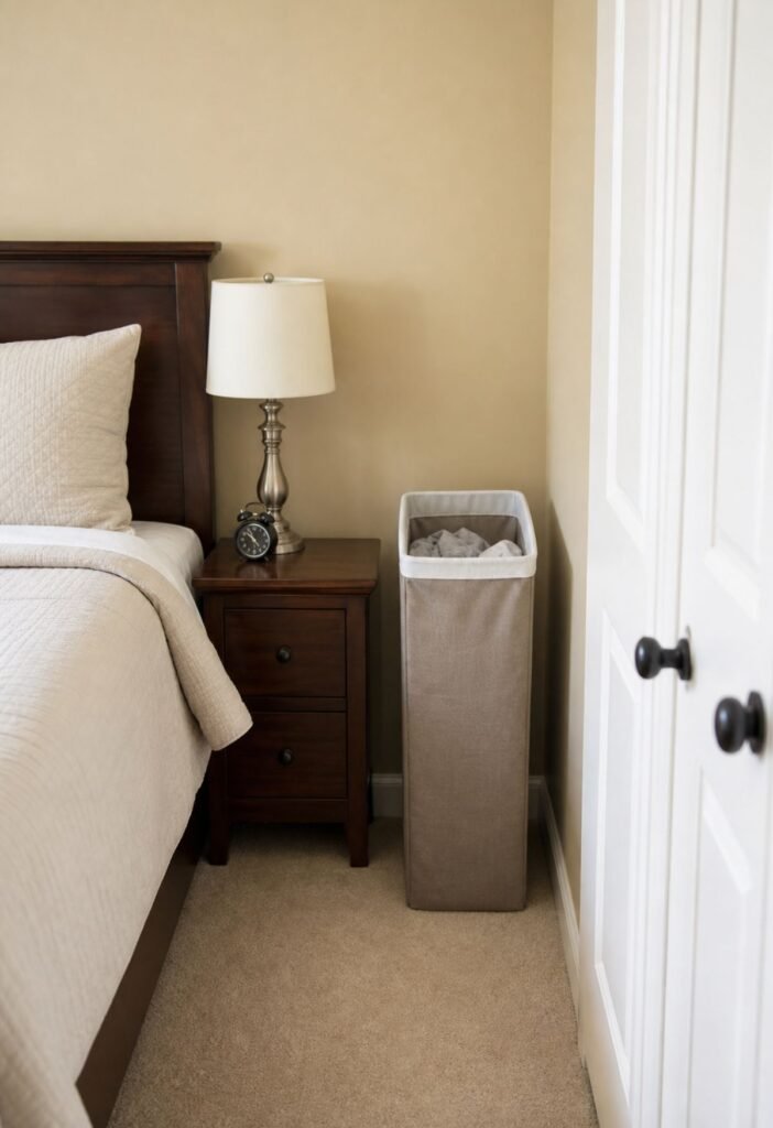 Vertical laundry hamper saving floor space in a bedroom