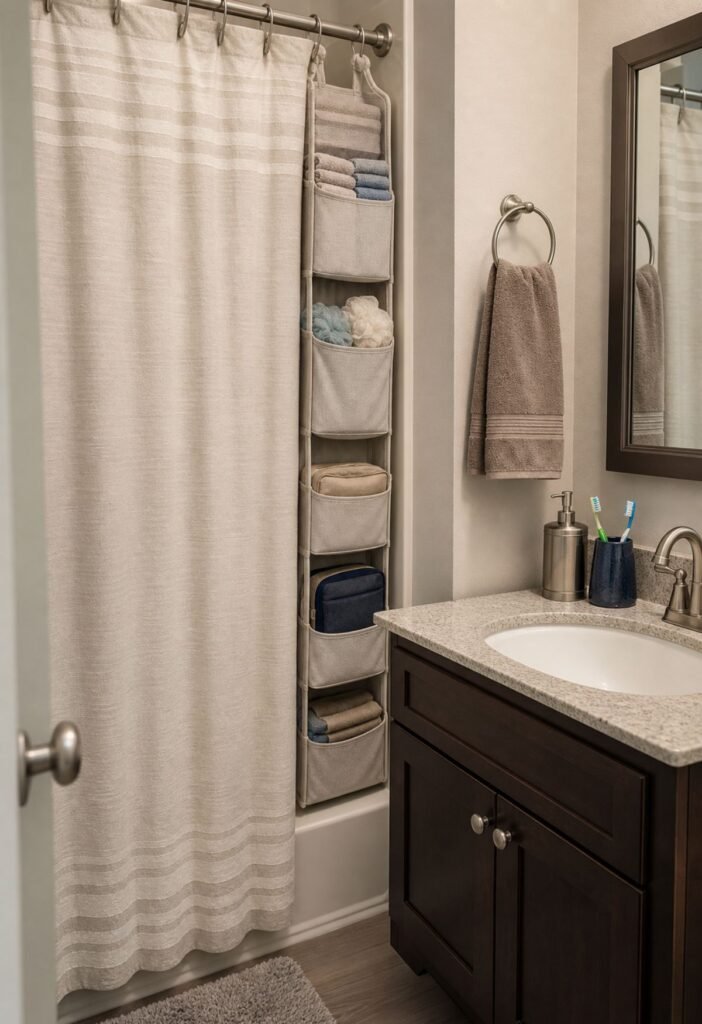Slim storage solution using unused space near a shower curtain