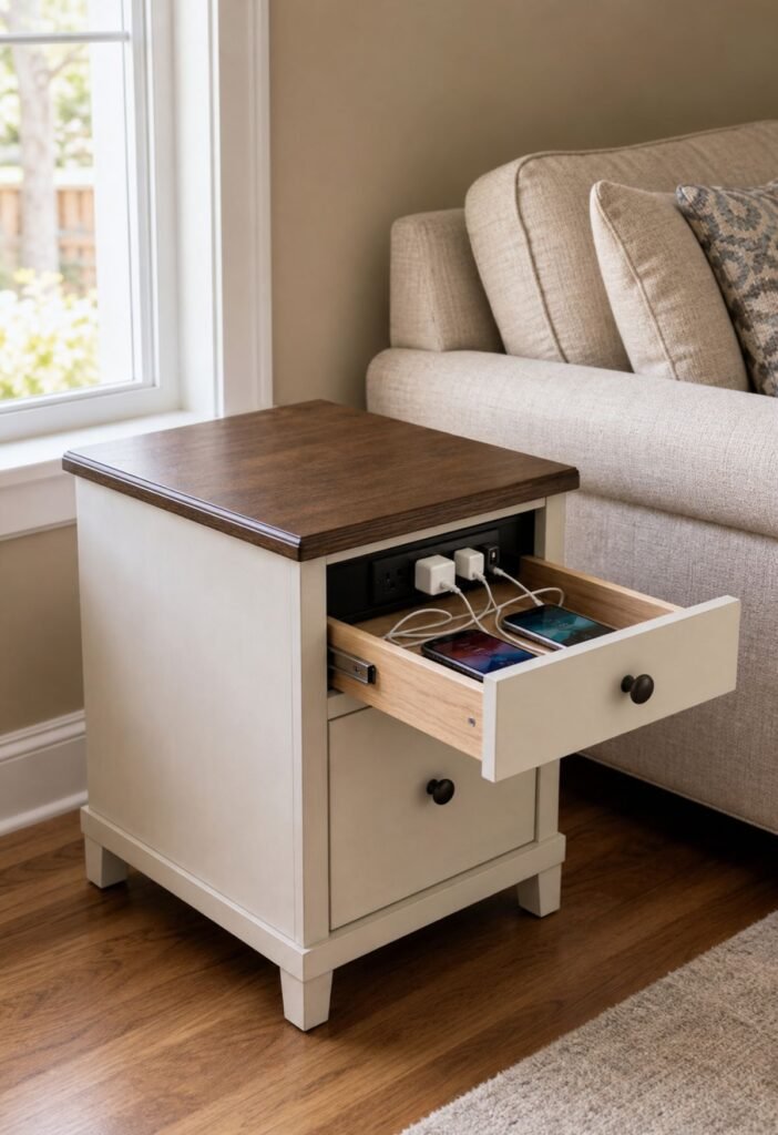 Hidden charging station in a small living room
