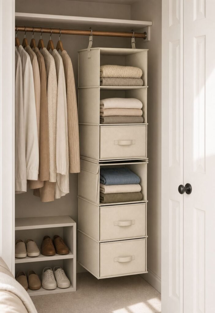 Hanging closet organizer creating extra vertical bedroom storage