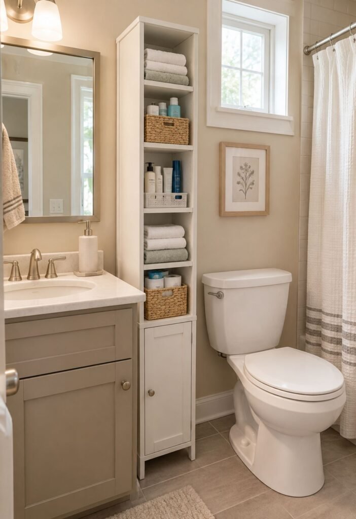 Slim freestanding cabinet providing extra storage in a small bathroom