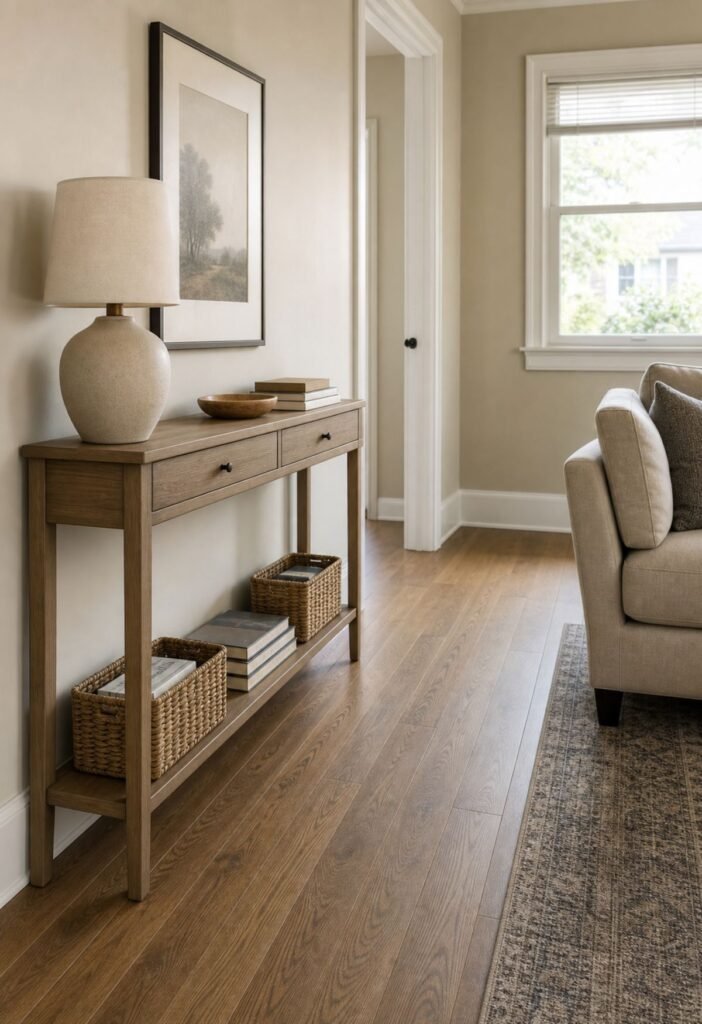 Slim console for storage in a small living room
