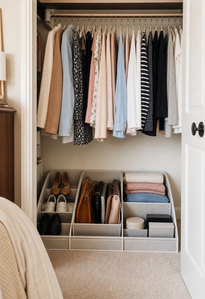 Closet floor organizer with sections for shoes bags and storage items