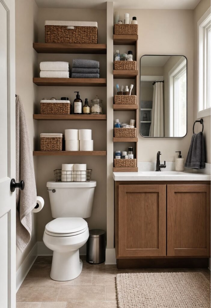 Wall mounted bathroom shelves using vertical space in a small family bathroom