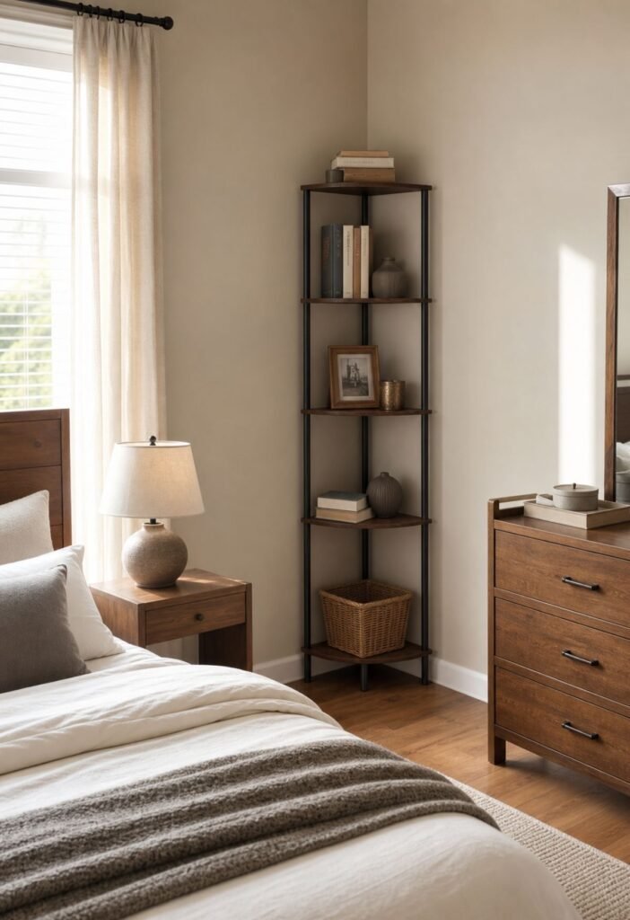 Small corner shelf used for bedroom storage and organization