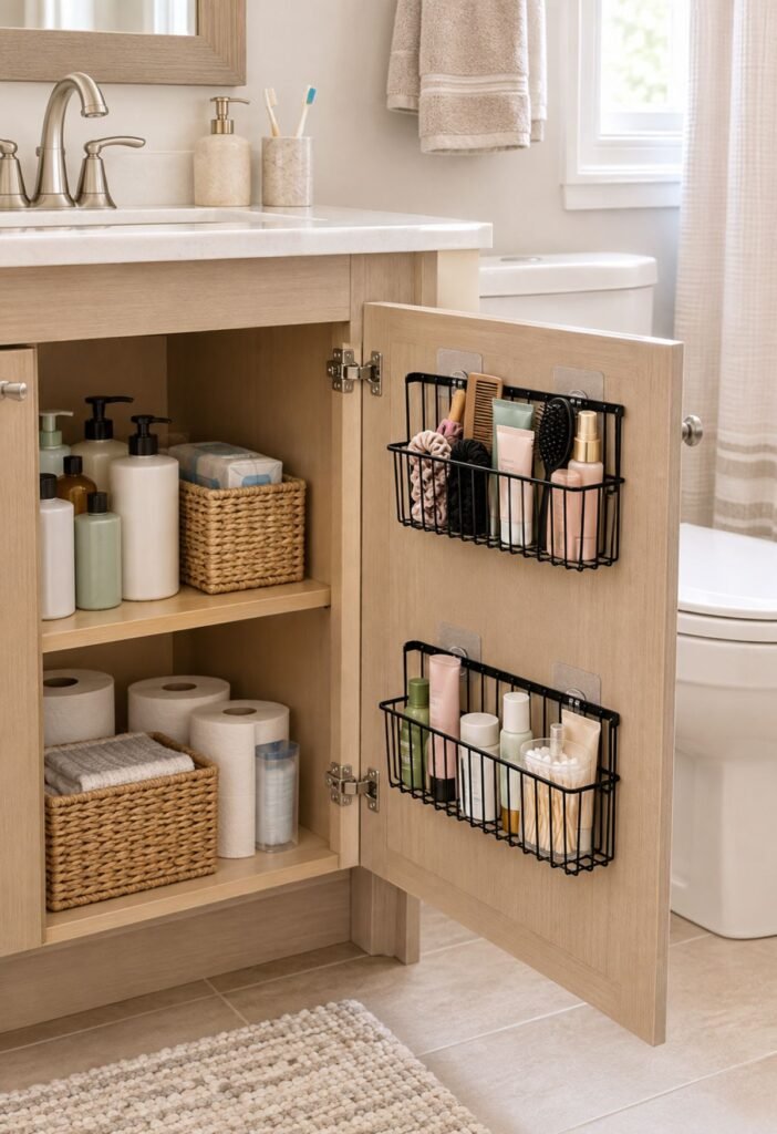 Bathroom cabinet door organizer holding small toiletries and accessories