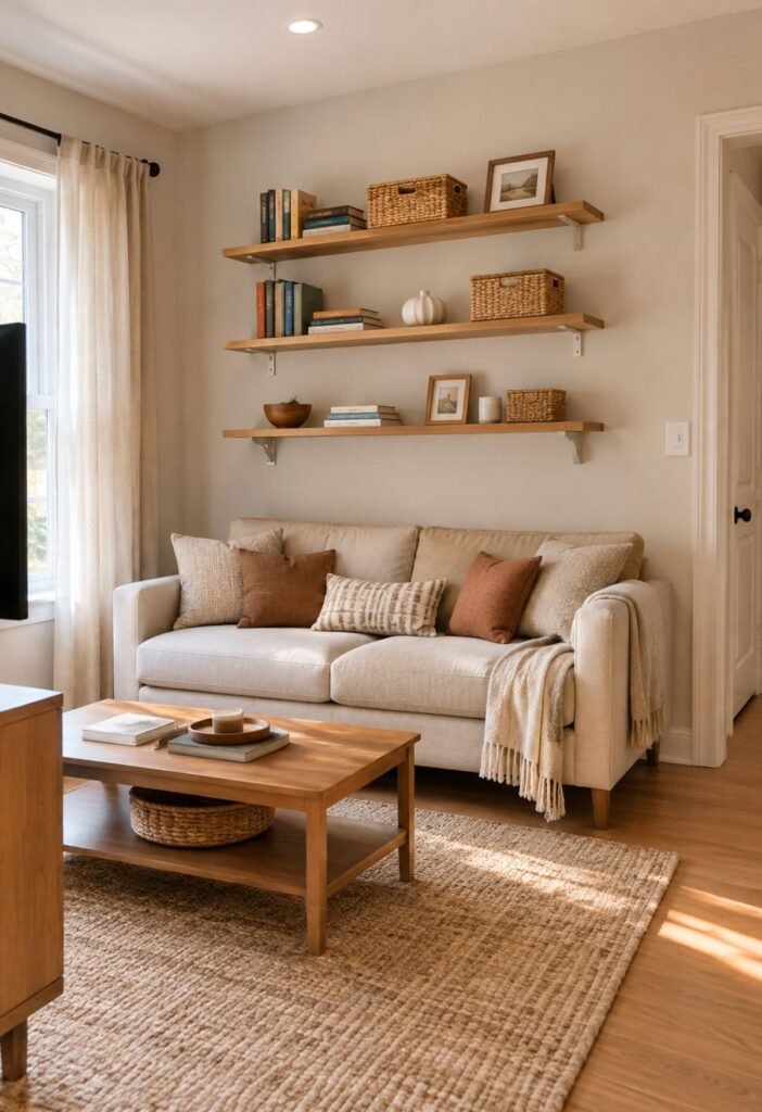 Floating shelves above sofa for small living room storage
