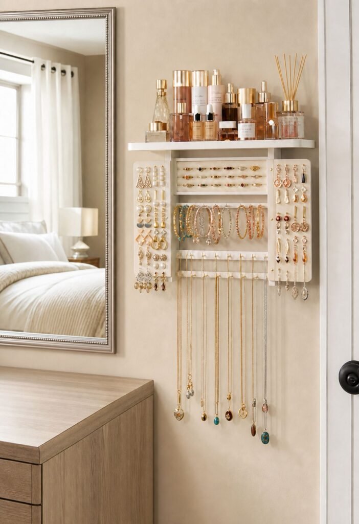 Wall-mounted jewelry organizer for bedroom storage