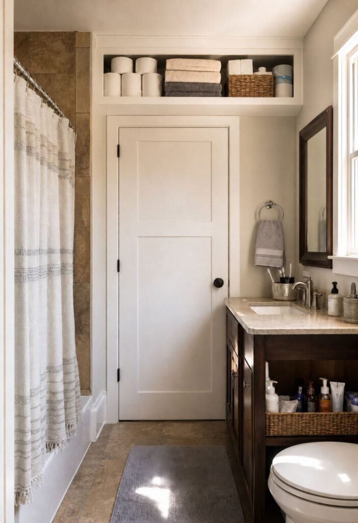 Storage shelf above the bathroom door for extra family supplies