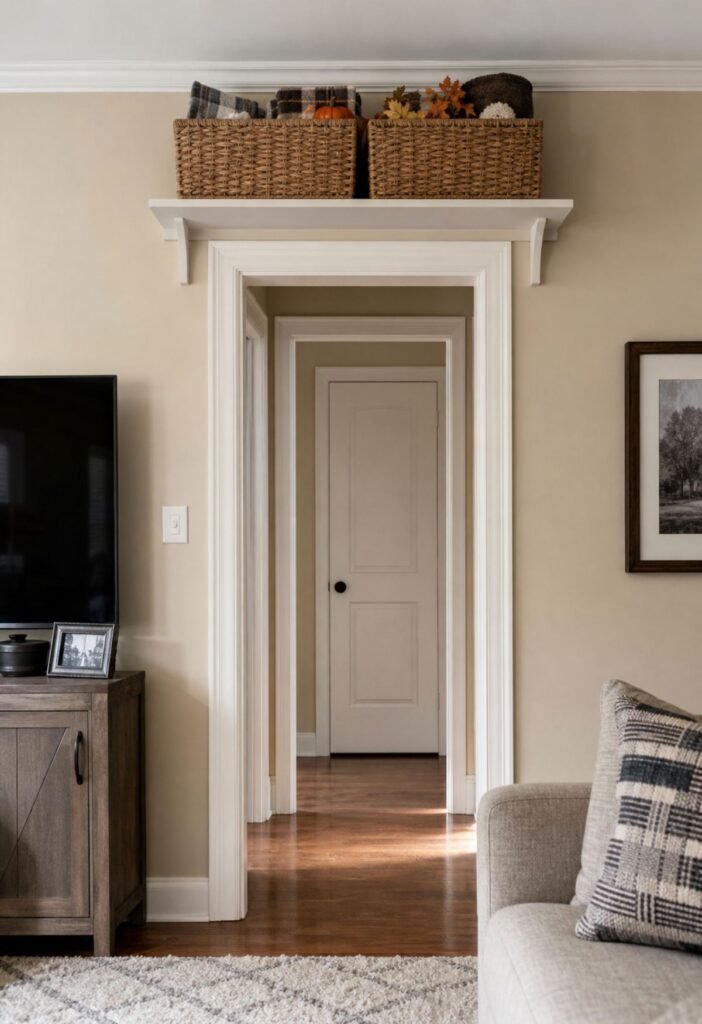 Storage shelf above doorway in a small living room