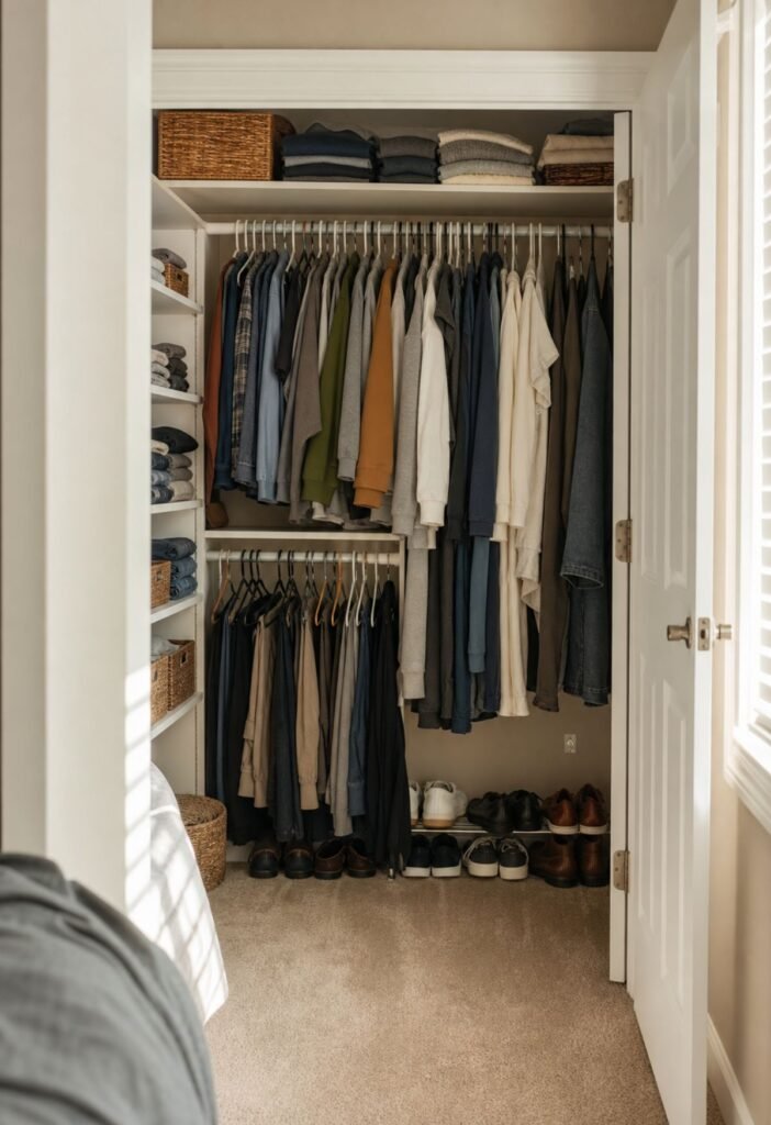 Bedroom closet organized by clothing categories and daily routines