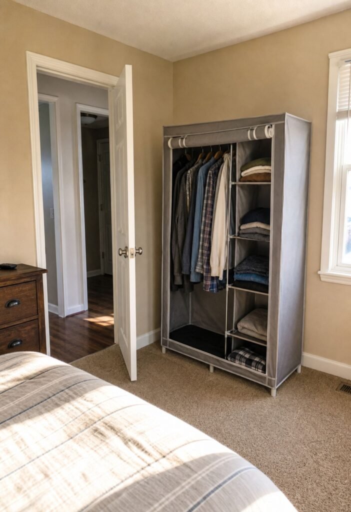 Foldable fabric wardrobe providing temporary bedroom storage