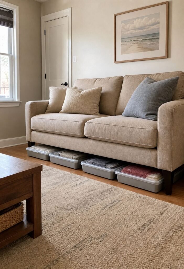 Under sofa storage in a small living room