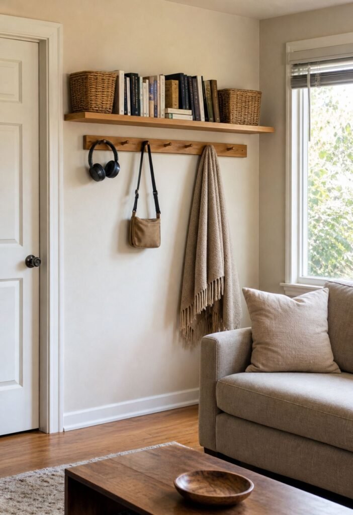 Storage under floating wall shelf in a small living room
