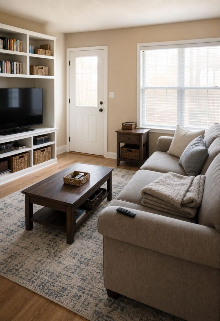 Practical storage organized around a small living room routine