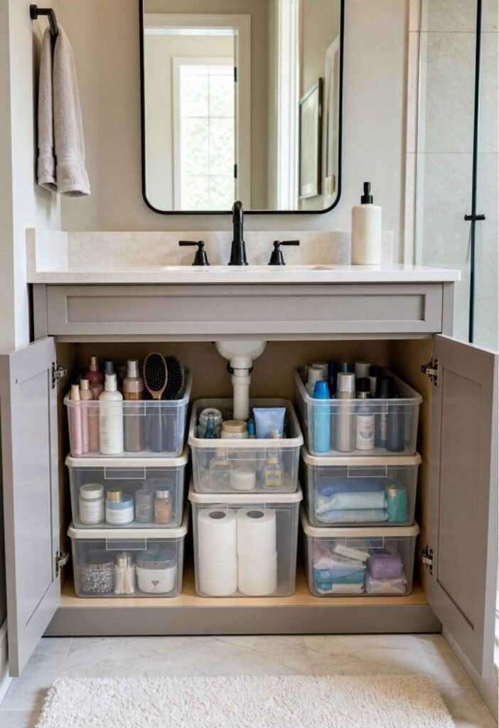 Stackable storage bins organized inside a small bathroom vanity