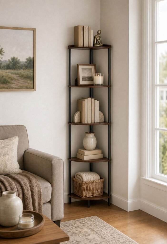 Awkward corner storage idea for a small living room