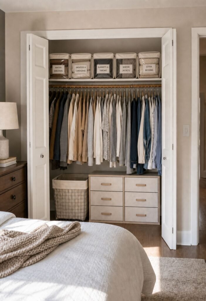 Seasonal clothes stored in organized bedroom storage containers
