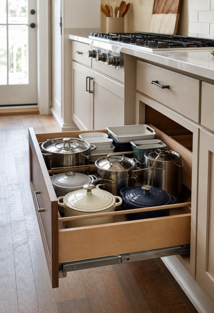 Pull-out cabinet organizer storing heavy cookware in a small kitchen