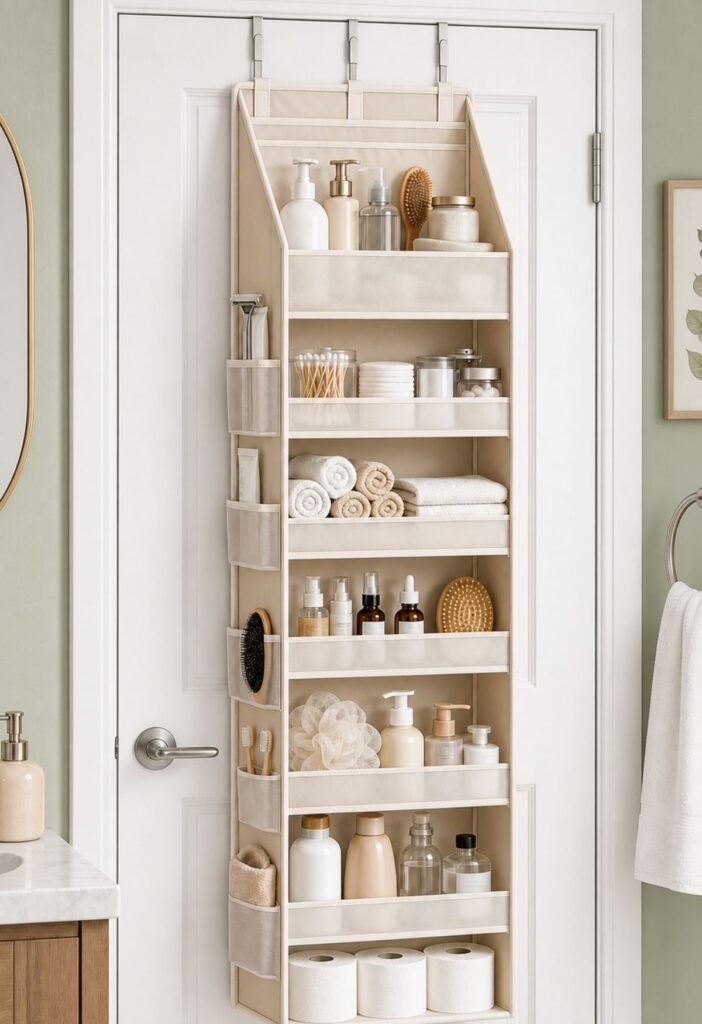 Over the door bathroom organizer holding toiletries and family essentials