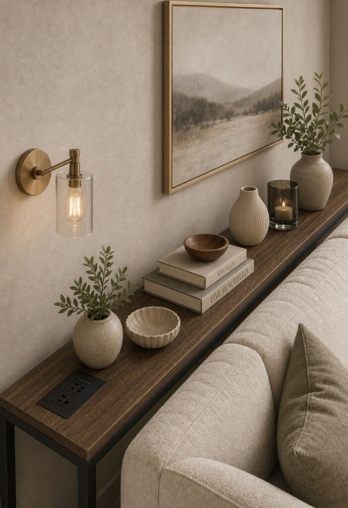 Slim console table behind sofa for small living room storage