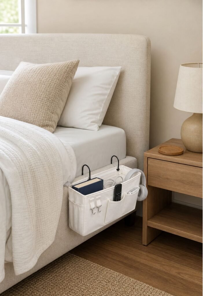 Bedside caddy for organizing books chargers and small essentials