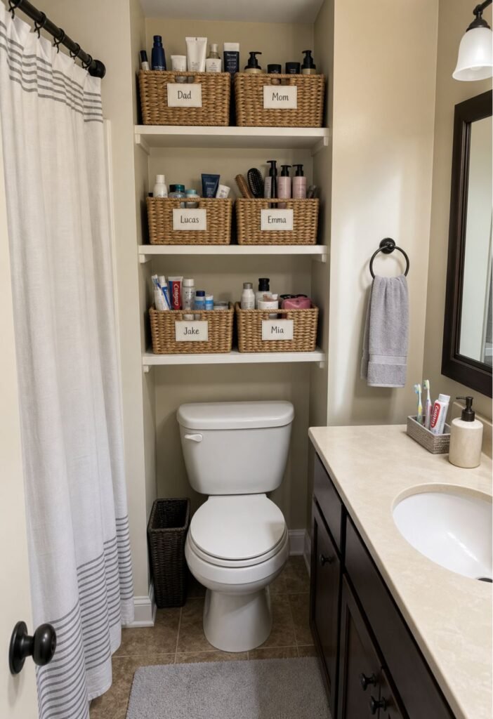 Individual bathroom storage baskets for family members in a shared bathroom