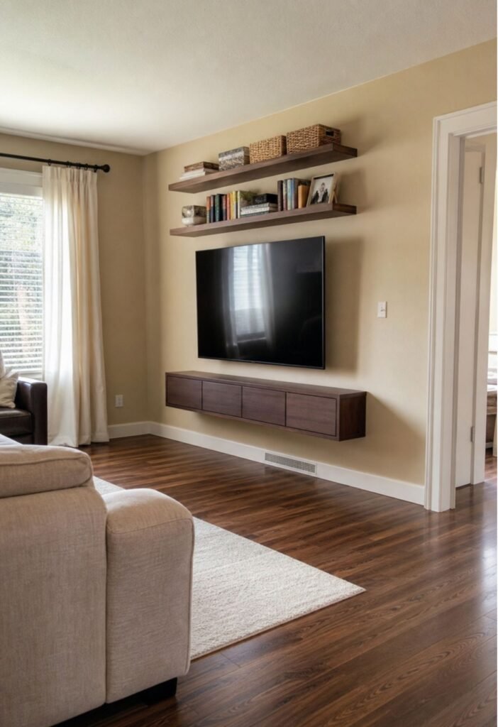 Storage above TV in a small living room