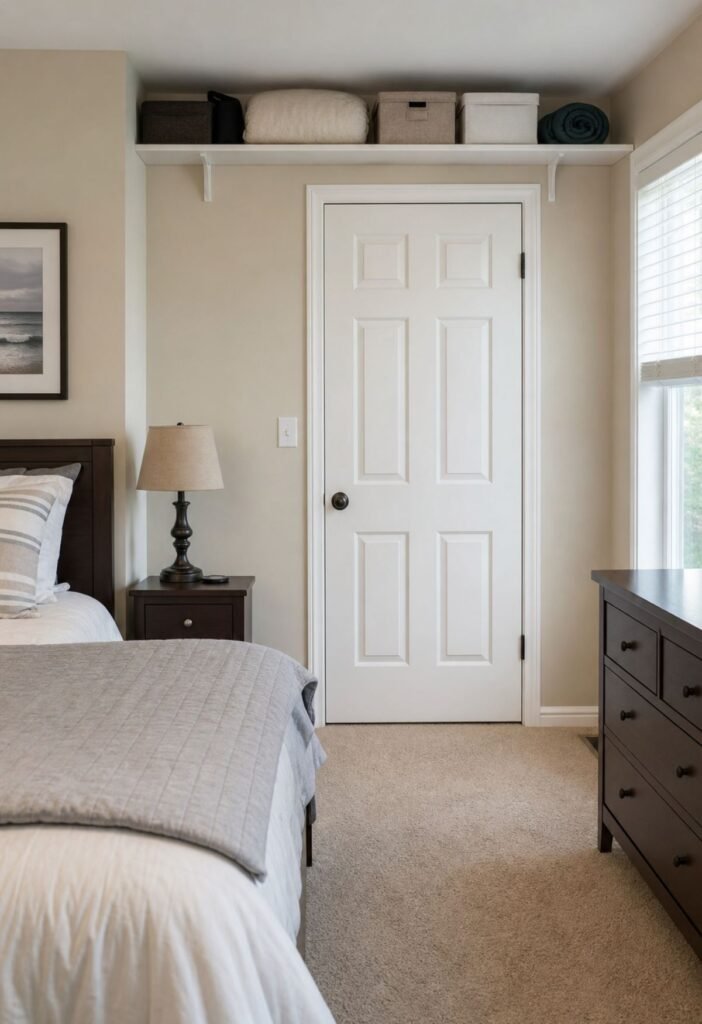 Shelf above bedroom door for additional storage space