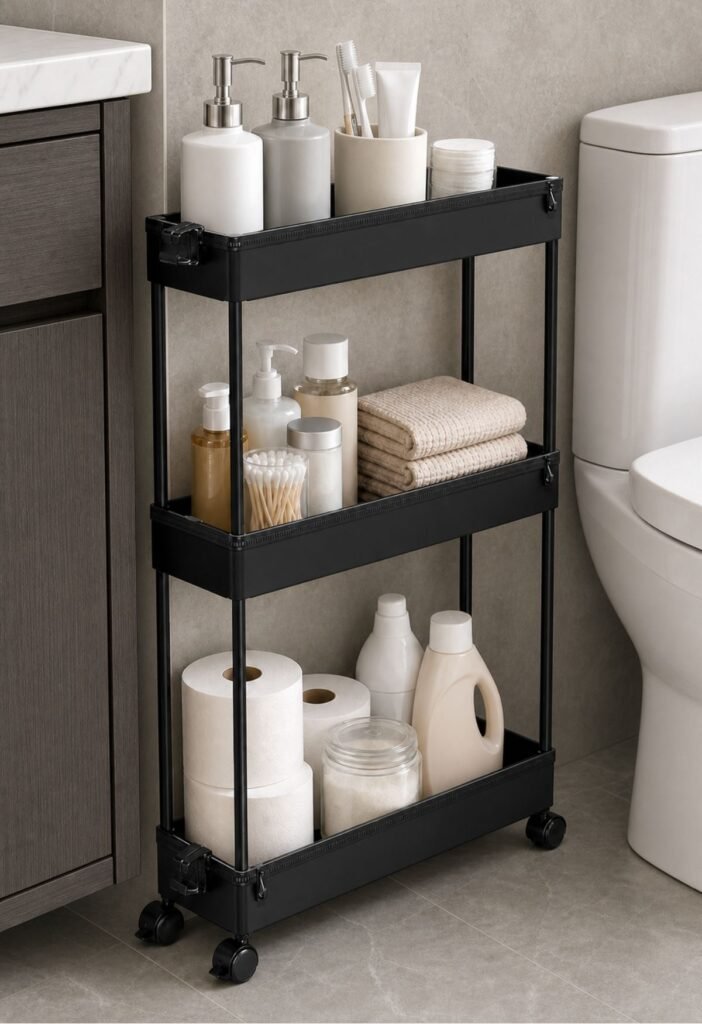 Narrow rolling cart used for storage in a small bathroom gap