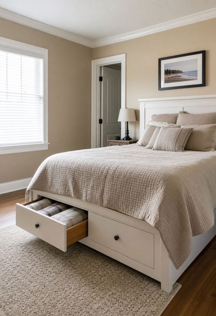 Bed with built-in drawers for bedroom storage