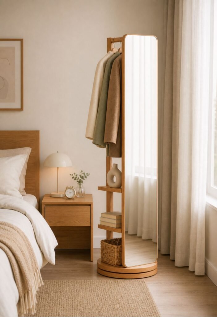 Narrow mirror cabinet with hidden bedroom storage