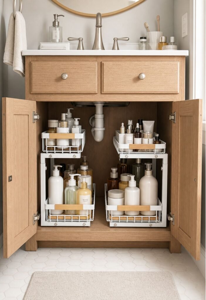 Two-tier organizer making deep bathroom cabinet storage easier to see