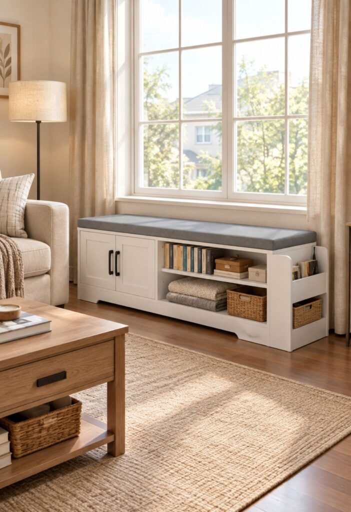 Storage unit under window in a small living room