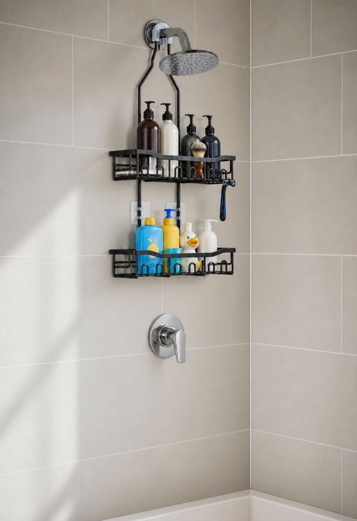 Hanging shower caddy organizing bottles and bath products in a family bathroom