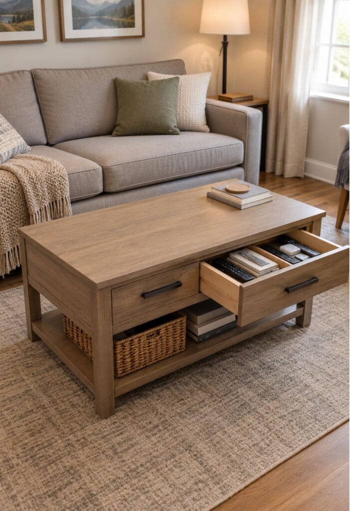 Coffee table with hidden storage in a small living room
