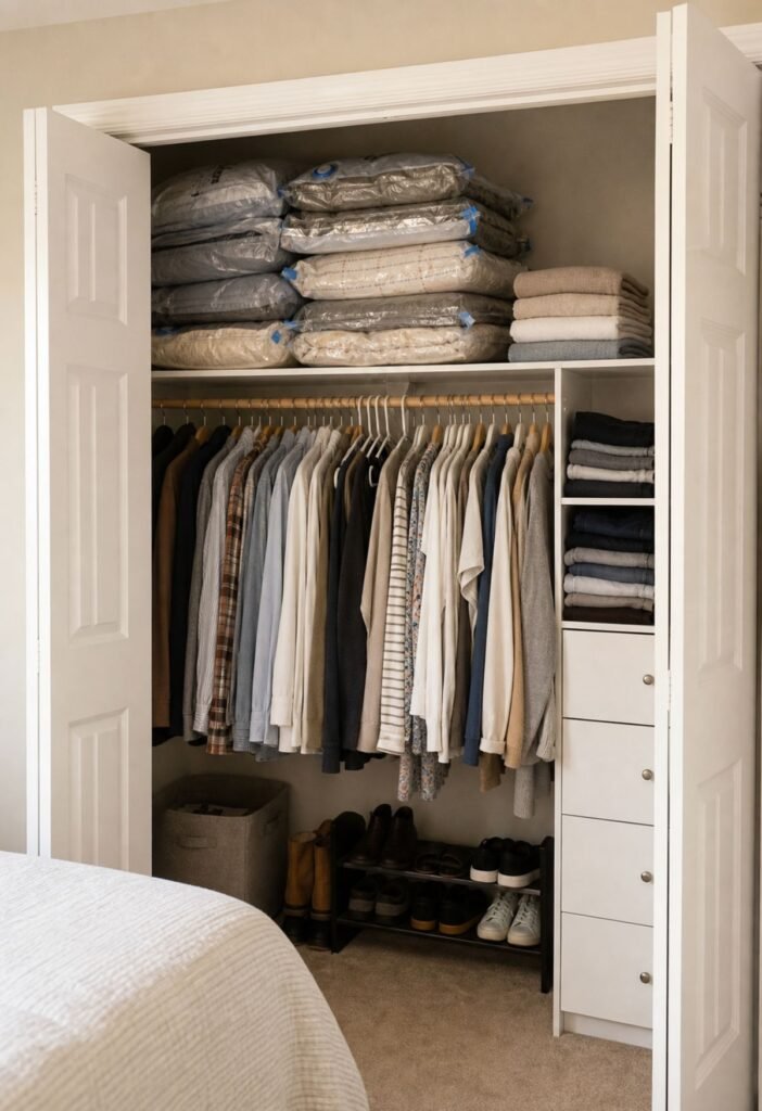 Vacuum storage bags organizing bulky bedding in a bedroom closet