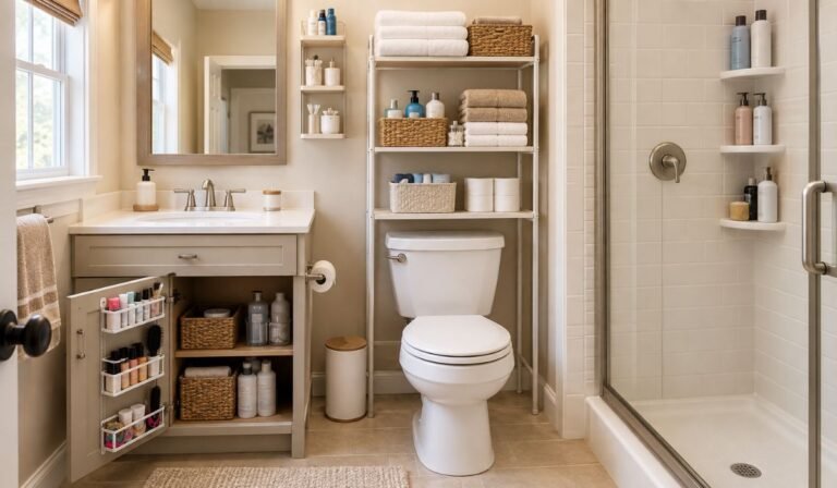 Small family bathroom with smart storage solutions for everyday clutter