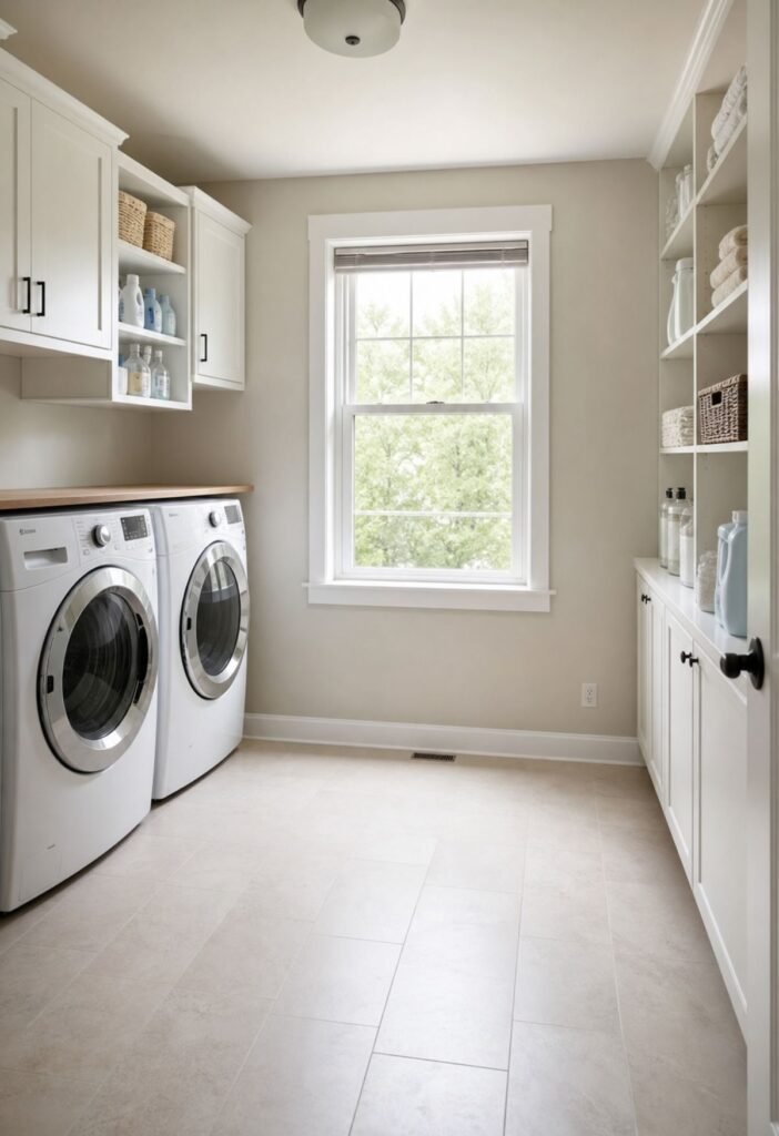 Clear laundry room floor with organized baskets and supplies