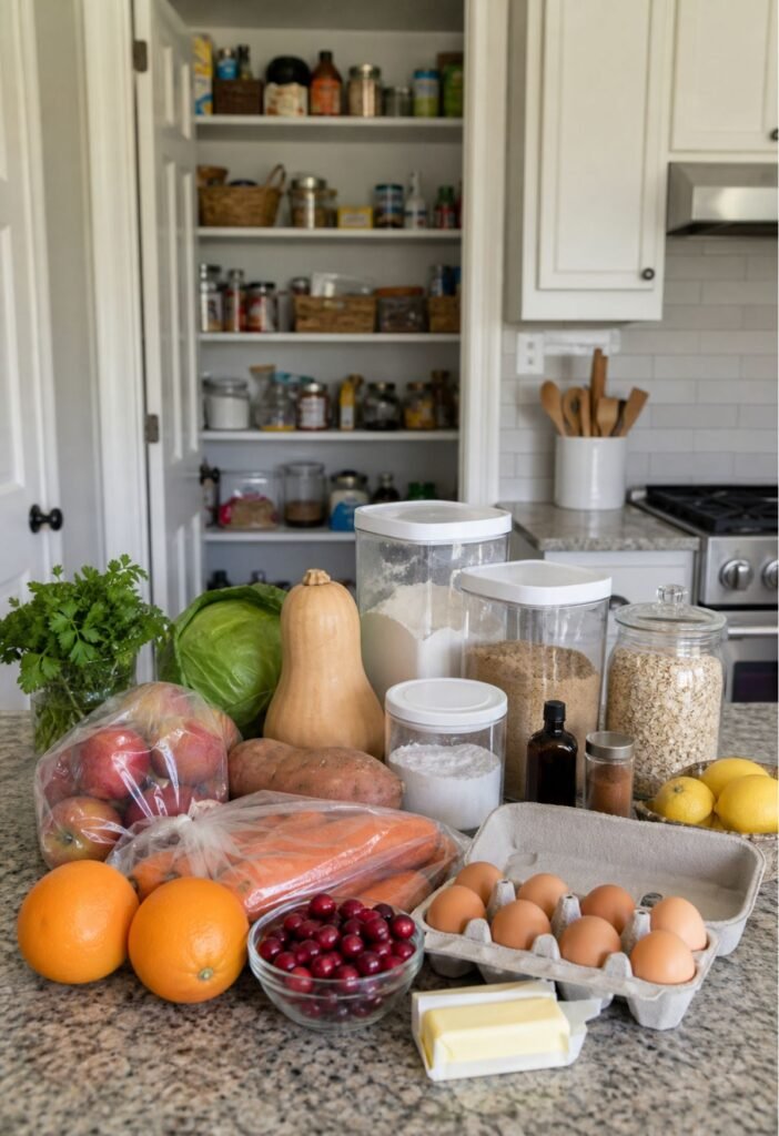 Pantry ingredients checked against a holiday grocery list before shopping