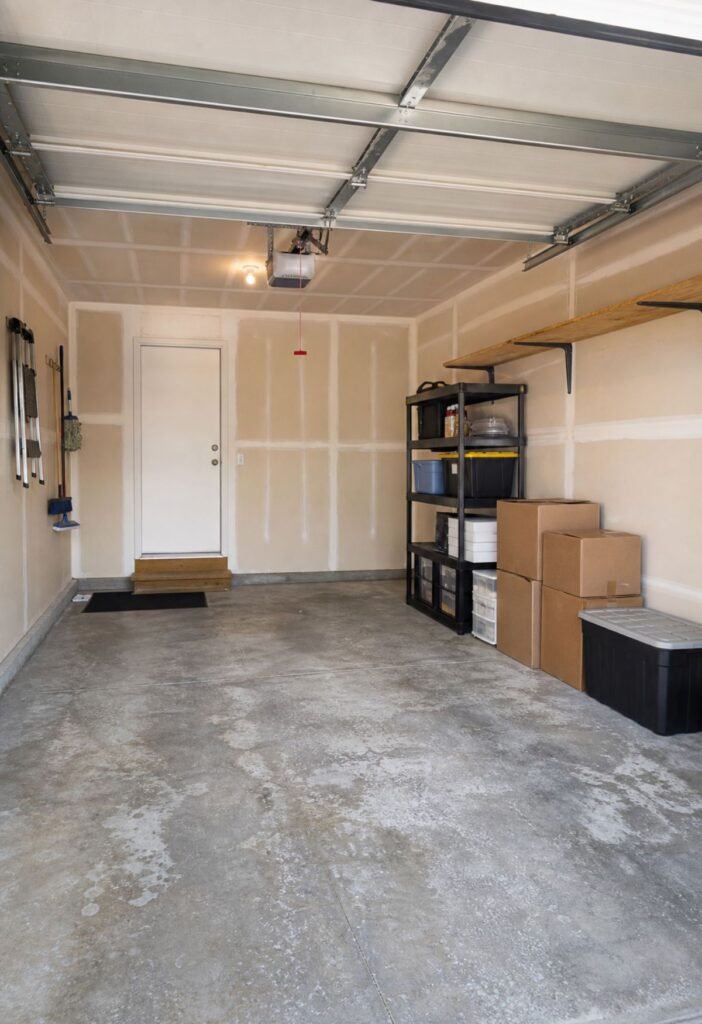 Decluttered garage floor with organized boxes and tools