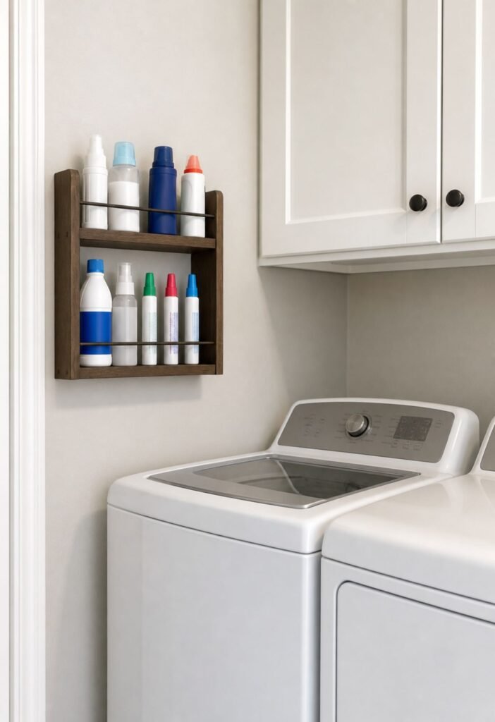 Spice rack organizing small laundry bottles and stain treatment supplies