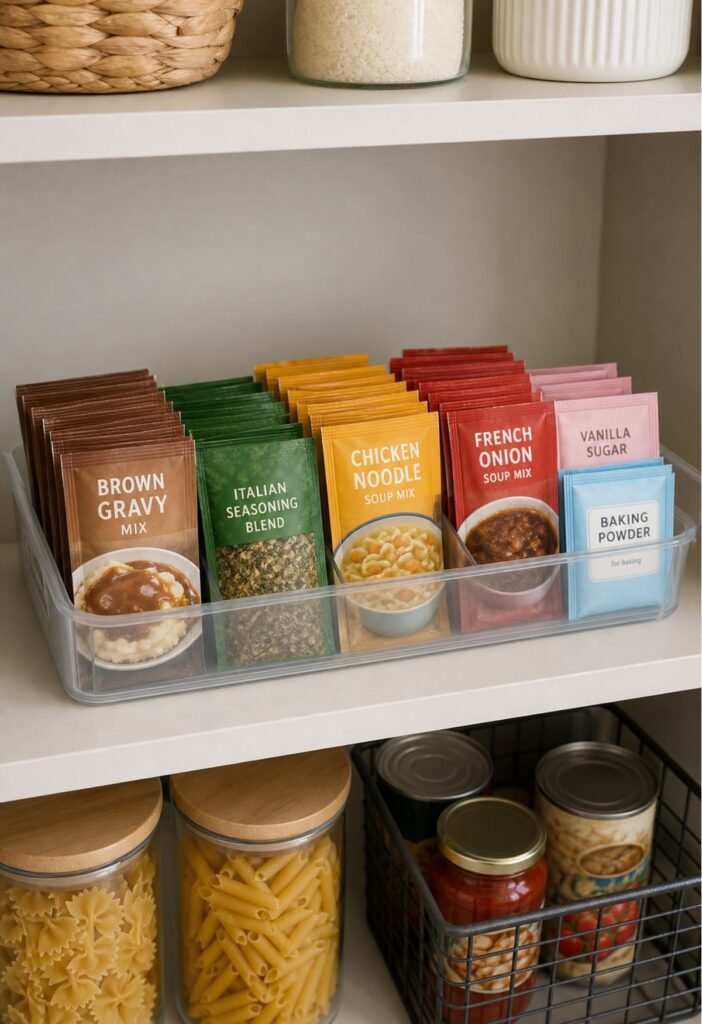 Small pantry storage bin holding seasoning packets gravy mixes and baking sachets