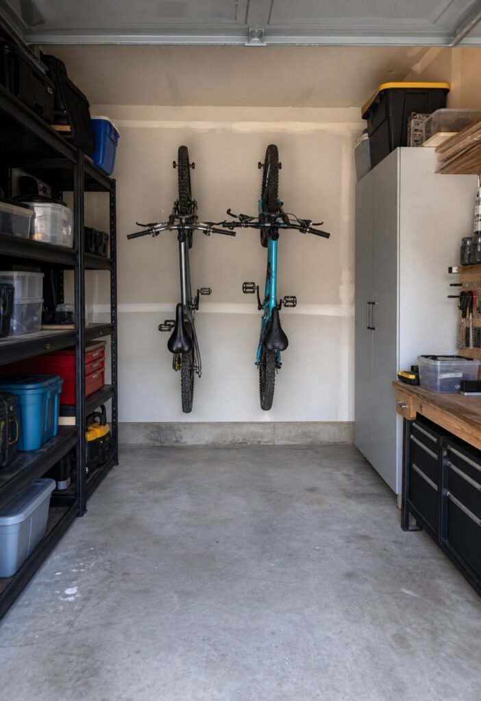 Bike stored vertically on garage wall to save floor space