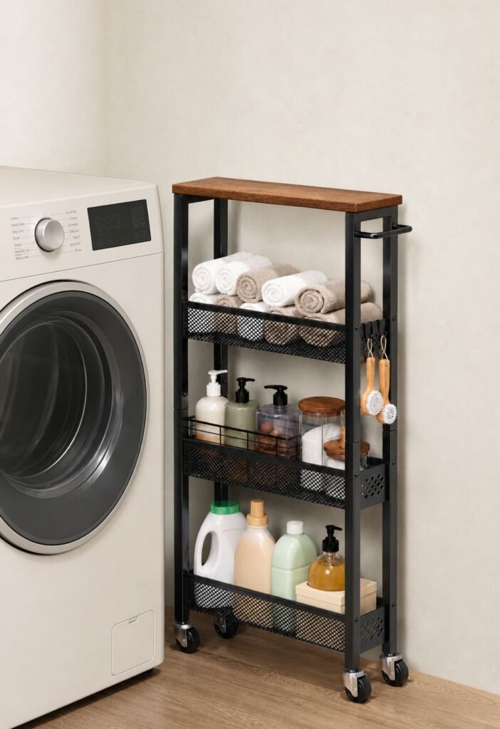 Slim rolling laundry cart storing supplies in a narrow laundry room gap
