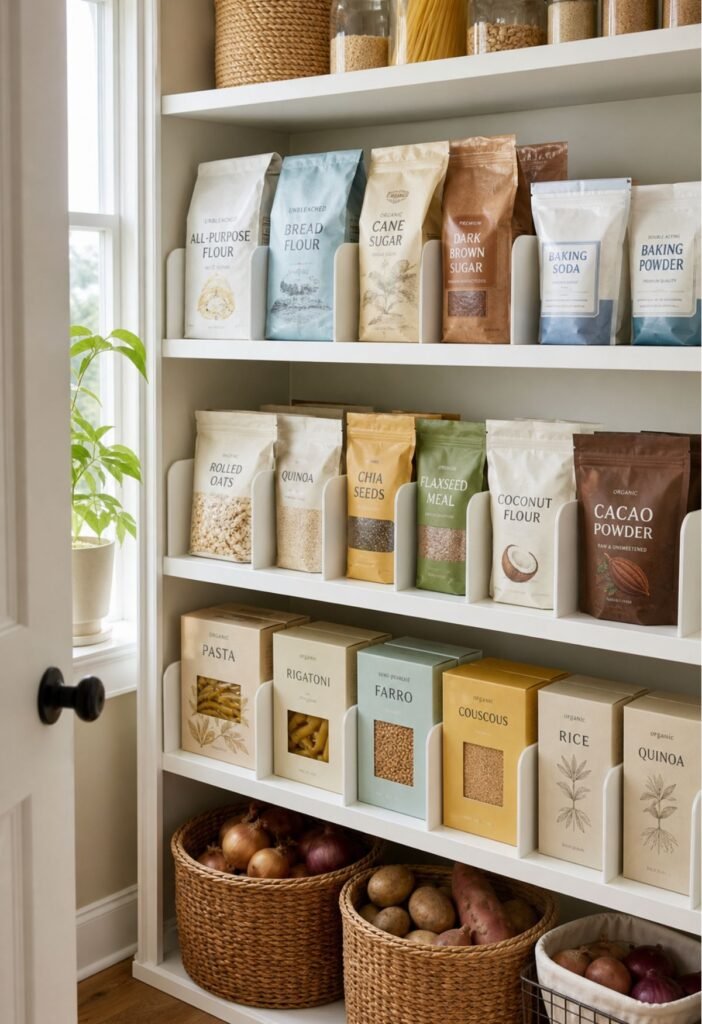 Pantry shelf dividers separating baking supplies and dry food packages
